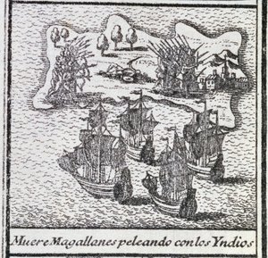 Der Tod von Magellan in einer Schlacht mit den Indianern von Spanish School