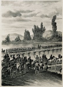 Die Truppen der napoleonischen französischen Armee überqueren den Fluss Bidasoa