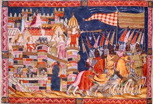 Trojanischer Krieg: Die Stadt Troja und die trojanische Armee ziehen in die Schlacht (Detail einer Miniatur aus dem spanischen Manuskript „Codex Benito de Santa Mora“) von Spanish School