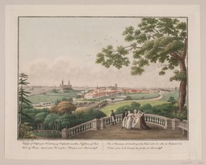 Aussicht auf Helsingør, Kronborg und den Öresund zwischen den Küsten von Seeland und Schonen. Gezeichnet auf der Terrasse im Hain bei Marienlyst
