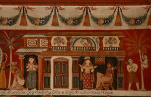 Wandgemälde eines singhalesischen Hauses im Subdharama-Tempel, Dehiwala
