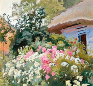 Blumen vor einem Cottage von Stanislaw Kamocki