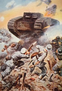 Britischer Panzer im Einsatz gegen Deutsche an der Westfront im Ersten Weltkrieg von Stanley L. (after) Wood