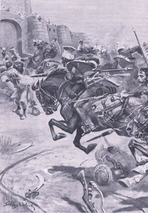 Die 16. Lanzenreiter und Skinners Reiter treiben die Jats nach Bharatpur; Dezember 1825, Illustration aus British Battles on Land and Sea, 1915