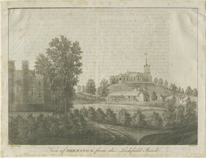 Shenstone Church and Village: Aquatinta-Radierung, 1792 von Stebbing Shaw