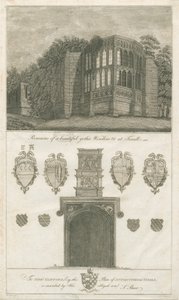 Tixall Hall - Gotisches Fenster und heraldische Antiquitäten: Gravur, undatiert [1762-1802] von Stebbing Shaw