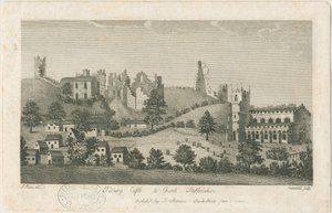Tutbury Castle und Kirche - Südostansicht: Gravur, nd [1762-1792] von Stebbing Shaw