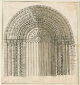 Tutbury Priory Kirche - Bogen in der Westtür: Feder- und Sepia-Zeichnung, undatiert [1762-1802]