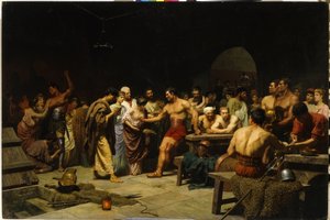 Die Gladiatoren vor ihrem Auftritt in der Arena. Römische Patrizier besuchen und bewerten die Gladiatoren vor dem Kampf, Frauen schmeicheln und beglückwünschen die Kämpfer