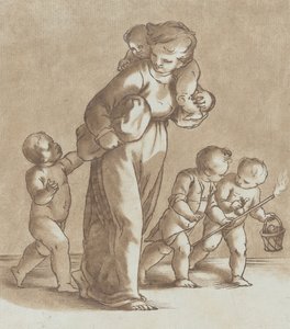 Ein junges Mädchen geht nach links mit einem Säugling auf der Schulter und hält einen anderen von Stefano Mulinari