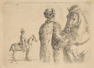 Ein polnischer Stallknecht, von hinten, hält ein Pferd am Zügel, ca. 1662