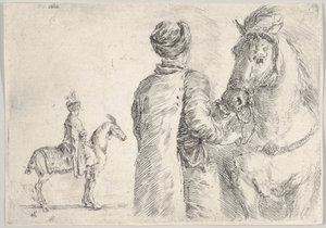 Ein polnischer Diener, von hinten gesehen, hält das Zaumzeug eines Pferdes, ca. 1662