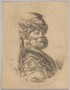 Ein türkischer Mann mit Bart und Turban mit einer langen Feder vorne