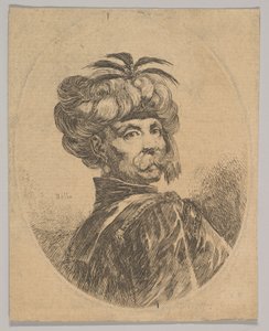 Ein türkischer Mann mit Schnurrbart, der einen Turban trägt, der mit fünf Reiherfedern geschmückt ist, 1650