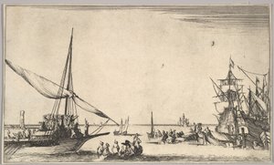 Eine Galeere kommt links im Hafen an, mehrere Ruderboote in der Mitte, Schiffe im Hafen rechts, 1639