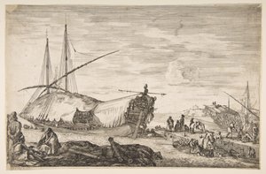 Eine Galeere mit Segeln nach links, sechs Kanonen und vier Personen im Vordergrund