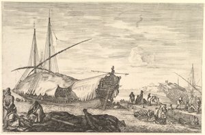 Eine Galeere mit Segeln nach links, sechs Kanonen und vier Personen im Vordergrund, ca. 1652-57