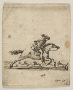 Ein Reiter mit Schwert in der Hand galoppiert nach rechts, andere Reiter galoppieren, ca. 1645-46 von Stefano della Bella