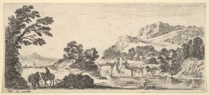 Ein Maultier trägt eine Frau und ein Bauer geht mit einem Maultier nach links, ein Fischer nach rechts, ca. 1641