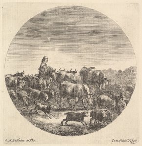 Eine Bäuerin sitzt auf einem Pferd nach links, schaut nach rechts, umgeben von einer Herde, ca. 1643-48