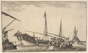 Ein Ruderboot voller Männer rechts, ein Schiff mit Männern, die in ein Ruderboot hinabsteigen von Stefano della Bella