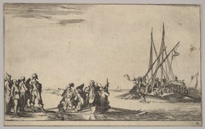 Ein Ruderboot voller Männer in der Mitte, eine Gruppe von Männern steht am Ufer links, ein Schiff voller ..., 1639