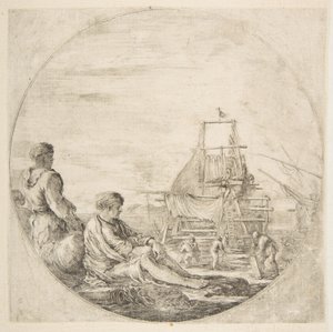 Ein sitzender weißer Matrose und ein stehender schwarzer Matrose, Menschen bauen ein Schiff im Hintergrund