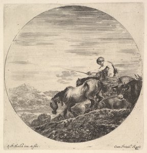 Ein Hirte rechts, nach links gewandt, treibt eine Gruppe von Tieren den Hügel hinunter, ca. 1643-48 von Stefano della Bella