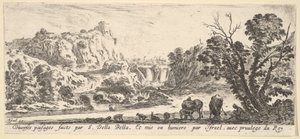Ein Wasserfall, der von den Bergen im Hintergrund herabfließt, verschiedene Tiere, ca. 1641 von Stefano della Bella