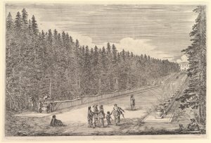 Eine Allee von Brunnen, eine Gruppe von Menschen in der Mitte, ein Mann und ein Hund sitzen rechts