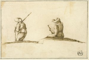 Künstler beim Skizzieren und Soldat, beide von hinten gesehen von Stefano della Bella