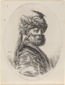 Bärtiger Mohr in einem gefiederten Turban mit Schleier, nach rechts gewandt, 1649-1650