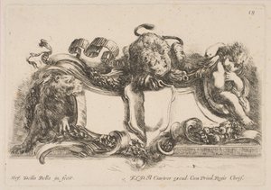 Kartusche mit einem leeren Schild, überragt von einem Löwen und eingerahmt von einem Löwen und einem Kind, 1646