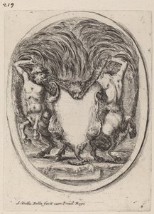 Kartusche in Form eines gehäuteten Tigers, unterstützt von Kentauren von Stefano della Bella
