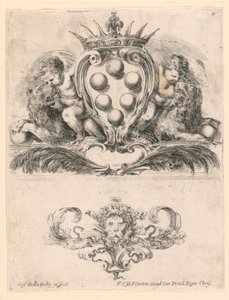 Wappen des Großherzogs der Toskana: Ornament mit einer Löwenmaske, Nr. 6 aus "Raccolta di varii cappriccii et nove inventioni di cartelle et ornamenti"