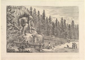 Kolossale Statue des Appenino von Giambologna links, dargestellt als riesiger Kauer..., ca. 1653