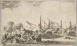 Kampf zwischen mehreren Ruderbooten und Schiffen, zwei Gruppen von Männern in Ruderbooten kämpfen links, 1639 von Stefano della Bella