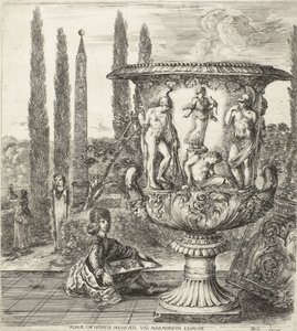 Der junge Cosimo III. de Medici zeichnet die Medici-Vase Romae, in hortis Medicaeis marmoreum eximium (Titel auf Objekt) Ansichten von Rom und Umgebung (Serientitel) Six grandes vues, dont quatre de Rome et deux de la Campagne romaine (Serientitel) von Stefano della Bella