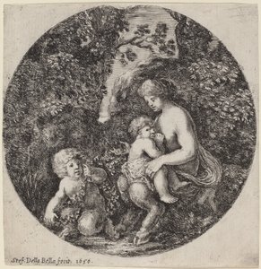 Weiblicher Satyr, der ein Kind in einer bewaldeten Landschaft stillt