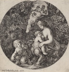 Weiblicher Satyr, der ein Kind in einer bewaldeten Landschaft stillt, 1656