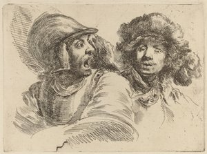 Erschrockener Soldat und Mann mit Pelzmütze