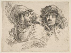 Verängstigter Soldat und ein Mann mit Pelzmütze, ca. 1652