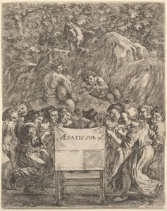 Frontispiz für Die Werke von Scarron, der Dichter sitzt in einem Stuhl..., 1649 von Stefano della Bella