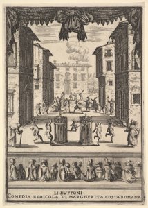 Frontispiz für die Komödie Die Buffonen, ein Bühnenbild, das einem Puppentheater ähnelt, 1639-41