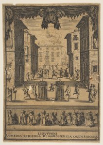 Frontispiz für die Komödie Die Buffonen Li Buffoni, eine Bühnenkulisse ähnelnd..., ca. 1639