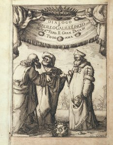 Galileo (links) im Gespräch mit Ptolemäus (Mitte) und Kopernikus, illustrierte Frontispiz aus Dialogo sopra i due Massimi Sistemi del Mondo, Tolemaico e Copernicano (Dialog über die zwei wichtigsten Weltsysteme, Ptolemäisch und Kopernikanisch)