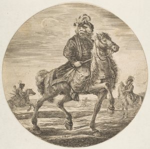Ungarischer Reiter reitet nach rechts, andere Reiter im Hintergrund