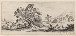 Landschaft mit Fischer, der sein Netz trägt