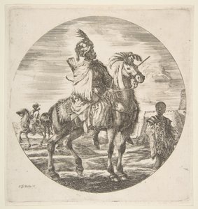Maurischer Reiter im Profil nach rechts, ein schwarzer Sklave hält rechts einen Pelz, ein anderer ...
