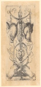 Ornamentales Panel mit zwei Windschweinköpfen oben, zwei Hirschköpfen unten und einem Horn in der Mitte, Blatt 8 der Folge "Ornamente oder Grotesken" von Stefano della Bella